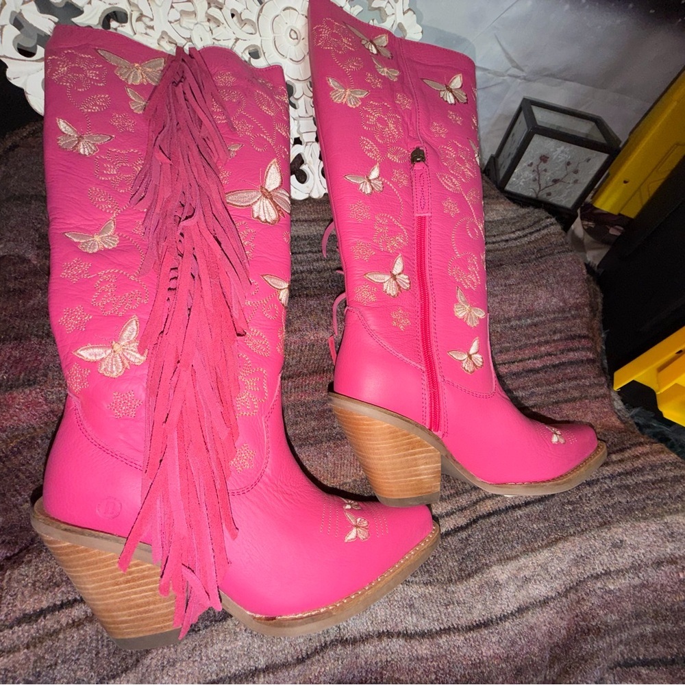 Dingo Retro Hot Pink Knee High Embroidered Leather Boots, Unreleased NWT Size 7 - Picture 8 of 12